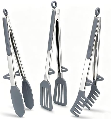12" Kitchen Tongs for cooking with Silicone Tips, 3Pcs Serving Tongs, Grey