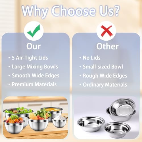 Mixing Bowls with Airtight Lids Set, 5 PCS Stainless Steel Colorful