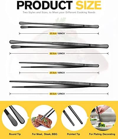 4 Pcs Fine Long Tweezer Tongs Professional Black, 12'' and 10'' Stainless Steel for Kitchen, Food, Cooking, Repairing, Sea food and BBQ