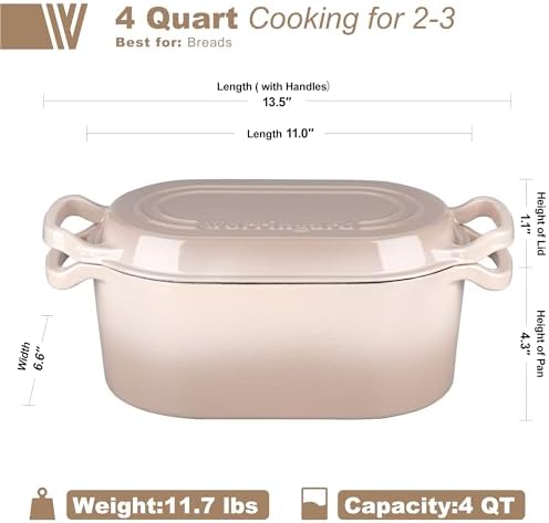 VORRINGARD Oval Dutch Oven Pot with Lid, Enamel Coating Cast Iron Bread Pans for Homemade Sourdough Bread Baking, Cooking, 4 Quart, Latte