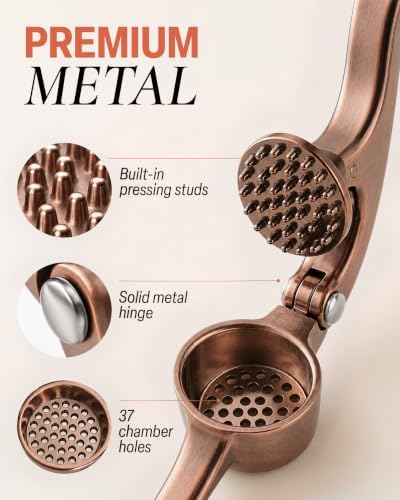 Zulay Kitchen Premium Garlic Press Set - Rust Proof Professional Garlic Mincer Tool - Easy-Squeeze, Easy-Clean with Soft, Ergonomic Handle - Silicone Garlic Peeler & Brush (Copper)
