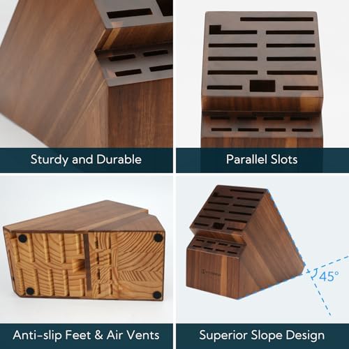 KITCHENDAO 20 Slot Acacia Wood Knife Block without Knives, Universal Knife Holder for Kitchen, Holding Multiple Types of Knives, Countertop Butcher Block Knife Stand for Easy Kitchen Storage