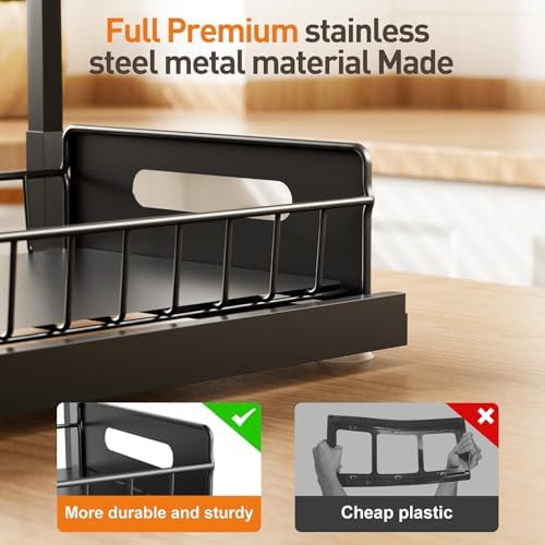 Under Kitchen Sink Organizer, Metal Pull Out Bathroom Organizers and Storage, 2-Tier Cabinet Organizer Shelf with Sliding Drawer, Home Organization for Kitchen, Laundry, Pantry, Black, 1 pack