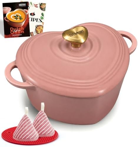 Overmont Enameled Cast Iron Dutch Oven - 2QT Pink Heart-Shaped Mini Pot