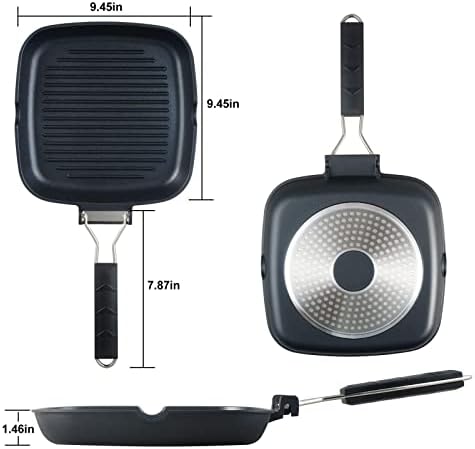 S·KITCHN Grill Pan with Folding Handle, Nonstick Grilling Pan for Stove Tops, Induction Compatible Square KBBQ Pan with Pour Spouts - 9IN