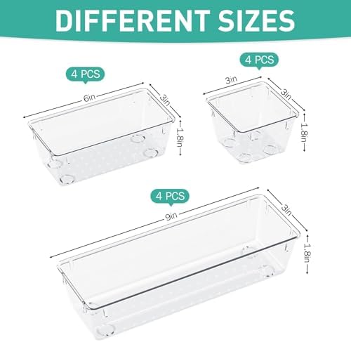 12 Pack Clear Drawer Organizer Set, Drawer Storage Trays, Storage Bins