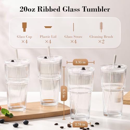 20oz Iced Coffee Cups with Lids, Ribbed Glass Cups with Lids and Straws