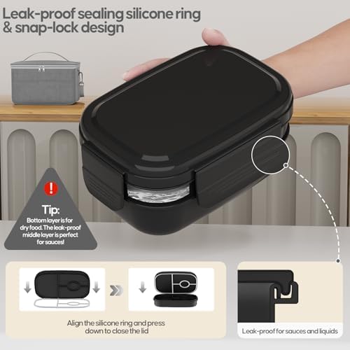 BPA Bento Lunch Box Set with Lunch Bag, 3-Tier Stackable Leak-Proof （Black）