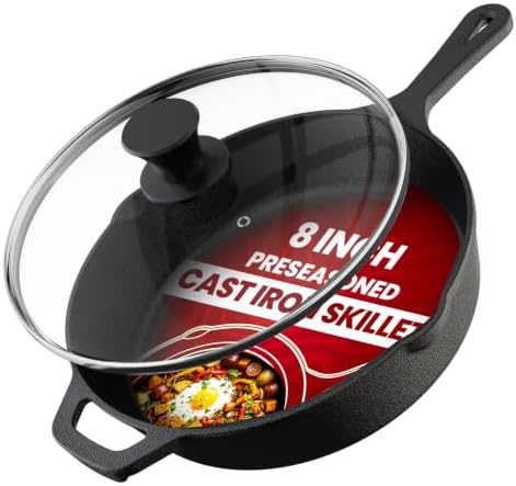 Utopia Kitchen Cast Iron Skillet 8 Inch with Lid Chefs Frying Pan Black