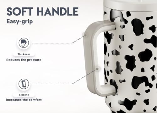 Meoky 40 oz Tumbler with Handle and Straw, Tumbler with Lid and Straw, Insulated Stainless Steel Travel Mug, 100% Leak-proof, Keeps Cold for 34 Hours or Hot for 10 Hours (Cow)