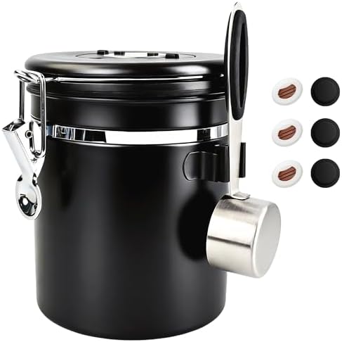 ShanSon Coffee Canister Airtight, Stainless Steel Bean Storage Container with Date Tracker & Scoop, Grounds Sugar Flour Tea Cereal Fits Kitchen Pantry, Ideal Gift for Coffee Lovers,16oz, Black