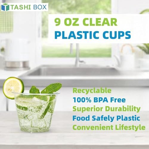 TashiBox 300 Pack 9 oz Clear Plastic Cups, Non Reusable Tumblers Crystal Clear PET Cups