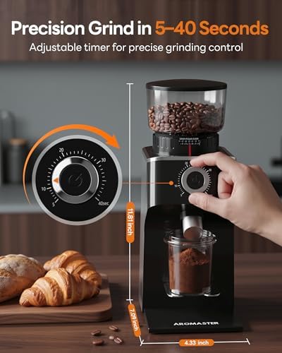 Aromaster Burr Coffee Grinder with 45 Grind Settings,Adjustable 5–40s Timer,Stainless Steel Conical Coffee Bean Grinder for Espresso,Pour Over & French Press, Anti-Static,Easy Clean Brush for Home Use