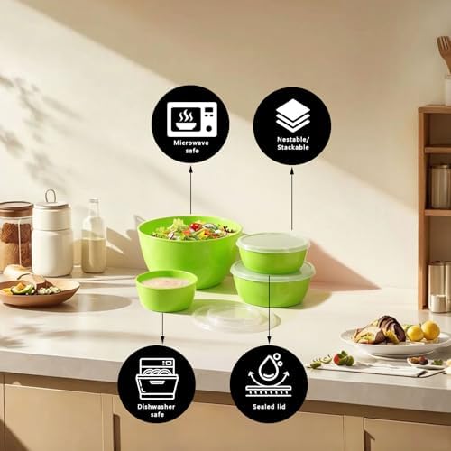 4-Piece Classic Plastic Prep Bowls with Lids, Nesting Plastic Small Mixing Bowl Set for Mixing, Baking, Prepping, Cooking and Serving Food, Microwave and Dishwasher Safe (Green)