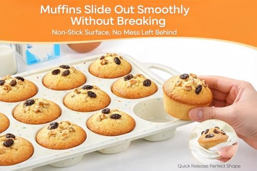 2-Pack 12-Cup Silicone Cupcake Pan, Nonstick Flexible Muffin Pan, Dishwasher Safe Muffin Tray with Handles, Seamless Silicone Muffin Tin for Baking Egg Bites & Cupcakes