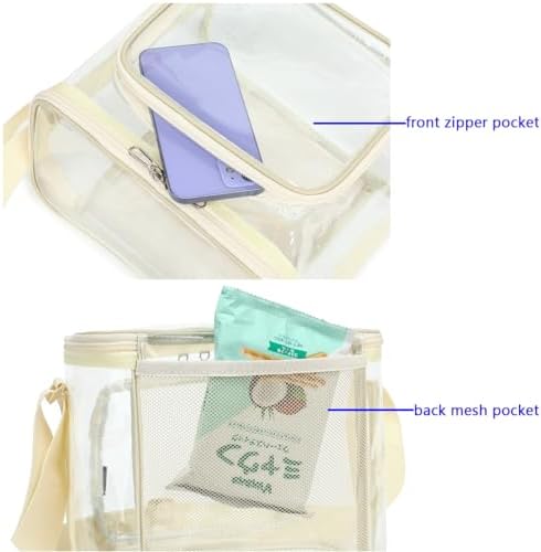 FlowFly Insulated Reusable Lunch Bag Adult Large Lunch Box for Women and Men with Adjustable Shoulder Strap,Front Zipper Pocket and Dual Large Mesh Side Pockets,Clear#Biege