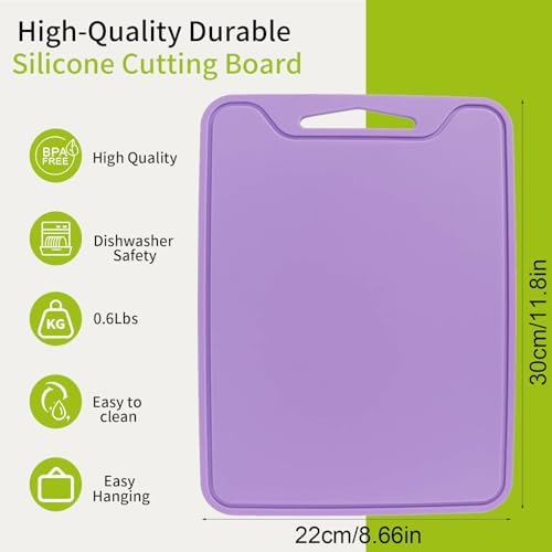 Flexible Plastic Cutting Boards for Kitchen, 11.8''x 8.6'' Silicone Cutting Board, BPA Free Non Slip Cutting Mat for Meat, Vegetables and Fruit with Easy Grip Handle, Dishwasher Safe (Purple)