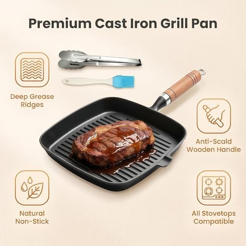 Cast Iron Grill Pan, 8.6 inch Griddle Pan Skillet with Pour Spout & Wooden Handle