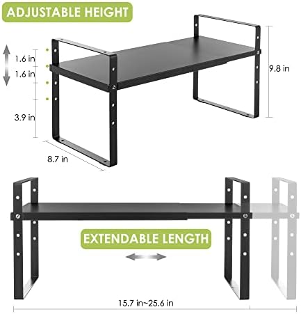 Across-Star Expandable Cabinet Shelf Organizer Rack, Stackable Kitchen Counter Storage Shelves Stand, Adjustable Height Pantry Shelf Spice Rack (Black, 1 Pack)