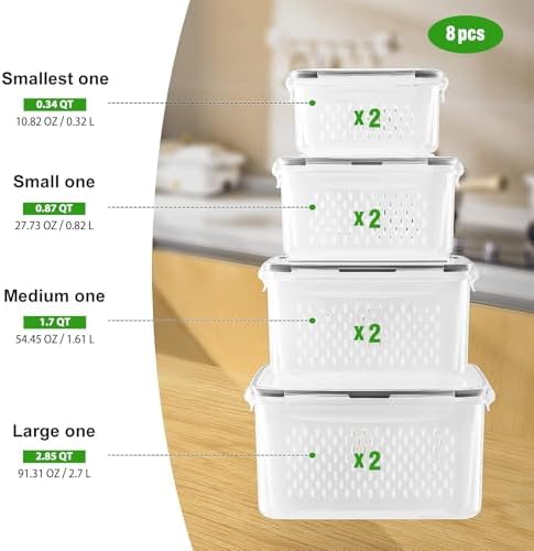 Freshmage Fruit Storage Containers for Fridge with Removable Colander 8 pcs