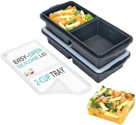 XOMOO Silicone Freezer Tray With Lid-Soup Freezer Container molds-2-cup Extra Large Ice Cube Tray-makes 4 perfect 500ml portions cubes, For freezing soup,stews,sauces.Oven&Dishwasher-Safe(2-Pack)
