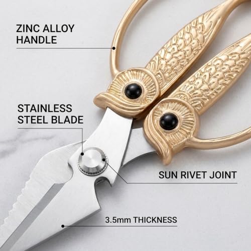 XSNBRD All Purpose Kitchen Scissors, Pearl Gold Stainless Owl Shears Large