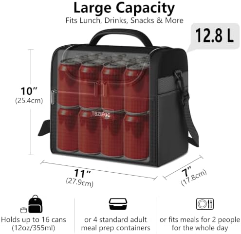 Large Insulated Lunch Bag for Women & Men, 12.8L Reusable Lunch Cooler Tote with Ice Pack, Adult Lunch Box with Side Mesh Pocket, Portable Lunch Bag for Work, Office, Travel & Picnic, Black