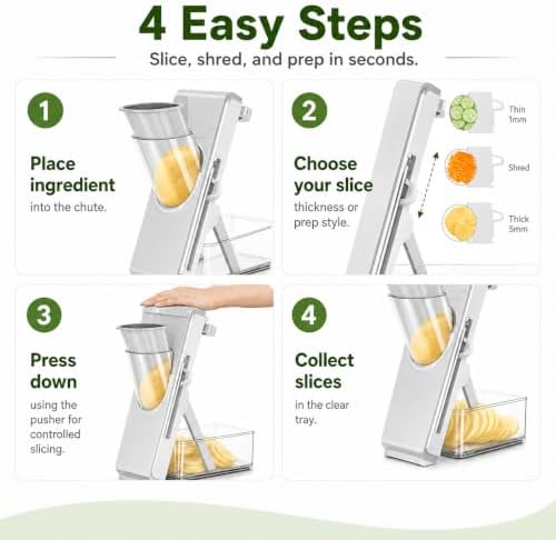 Safe Mandoline Slicer for Kitchen, Vegetable Slicer with Container, French Fry Cutter, All in 1 Julienne Slicer for Potato, Thickness Adjustable, Detachable Blade (Gray)