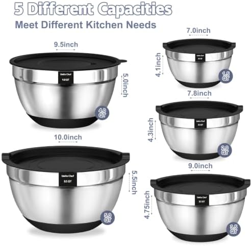 Umite Chef Mixing Bowls with Airtight Lids Set, 8PCS Stainless Steel Nesting Bowls Set, 3 Grater Attachments & Non-Slip Bottoms, Size 5, 4, 3.5, 2, 1.5QT for Baking & Mixing(Black)