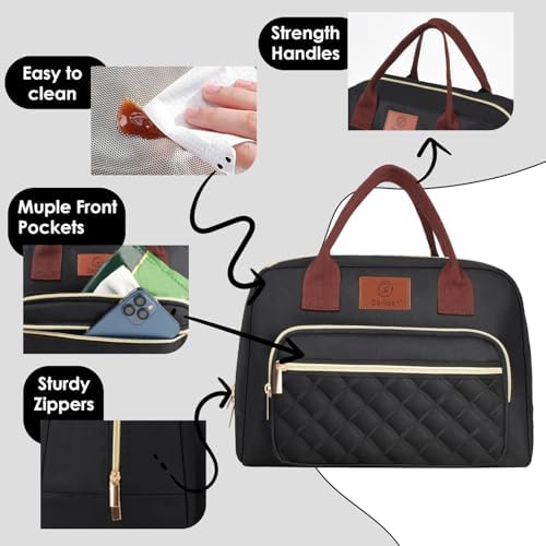 Genteen Lunch Box for Women Men,Insulated Adult LunchBox for Women,Reusable Cute Lunch Bags for Work,High Capacity Cooler Bag Tote for Work Teens Girls Office Travel Picnic School-Black