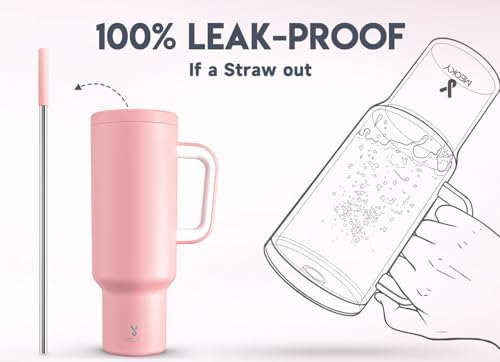 Meoky 50 oz Tumbler with Handle, Tumbler with Lid and Straw, Insulated Stainless Steel Travel Mug, 100% Leak-proof, Keeps Cold for 36 Hours or Hot for 12 Hours (Blush)