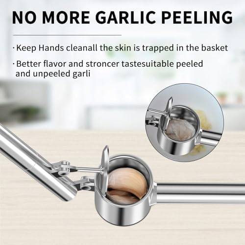 5-in-1 Stainless Steel Garlic Press Set with Large Chamber & Mincer - Heavy Duty Rustproof Garlic Crusher with Ergonomic Handle, Dishwasher Safe, Easy Squeeze Design for Ginger, Nuts, Herbs (Large)