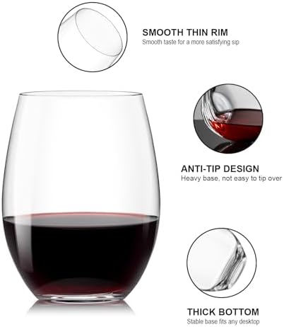 OJA Wine Glasses Set, Crystal Stemless Red Wine Glass, Set of 12, 15 oz