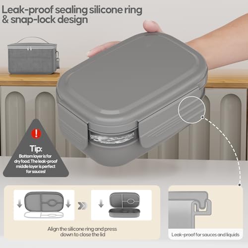 Adults Bento Lunch Box Set with Lunch Bag for Work, Dining Out（Grey）