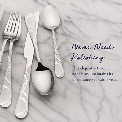 Pfaltzgraff Frost 53-Piece Flatware Set, 18/0 Stainless Steel Silverware Set for 8 with Steak Knives, Serving Pieces, Dishwasher Safe