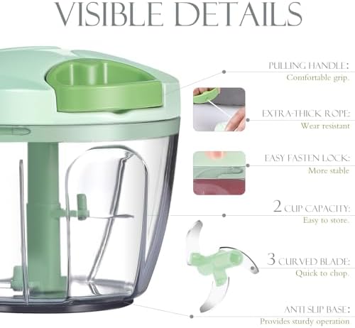 Ourokhome Manual Food Processor Vegetable Chopper, Portable Hand Pull String Garlic Mincer Onion Cutter for Veggies, Ginger, Fruits, Nuts, Herbs, etc., 650ml, Green