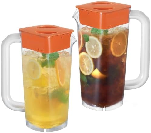 CURTA 2 Pack 2 Liters/68 oz Plastic Pitcher with Lid & Handle for Kitchen,ICED JUICE and Coffee Carafe Beverage Serveware, Acrylic Water Jug for Hot/Cold Drinks&lemonade