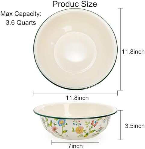 Lawei 2 Pack Vintage Enamel Mixing Bowls, 11.8 Inch Primitive Enamelware Basin for Fruit, Salad, Pasta, Dough Making, 3.6 Quart Enamel Washing Bowl Serving Tray for Camping, Kitchen, Farmhouse Decor