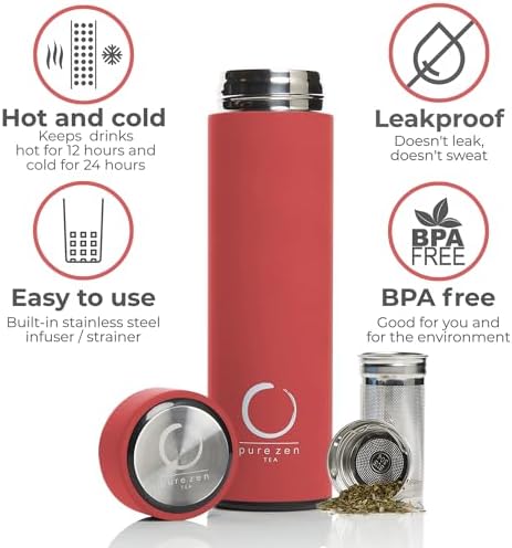Pure Zen Tea Insulated Tea Infuser Bottle, 15 oz, Tea Thermos with Infuser