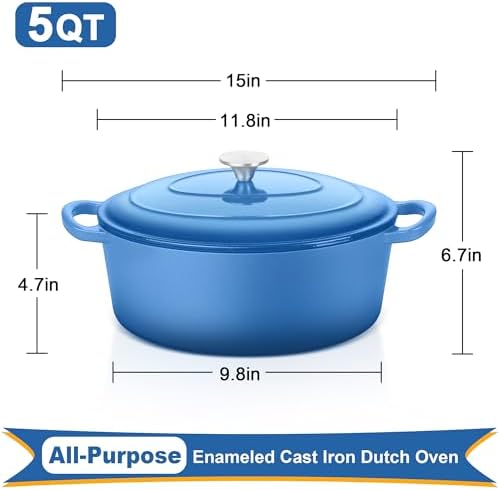 E-far 5QT Oval Dutch Oven Pot with Lid, Blue Enameled Cast Iron Dutch Oven