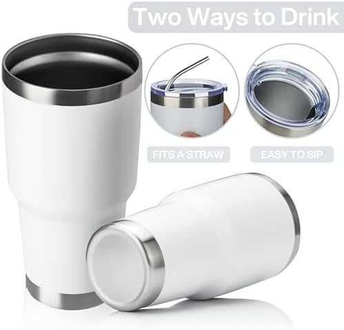 MEWAY 30oz Insulated Tumbler With Lids and Straws,Stainless Steel Double Vacuum Coffee Tumbler Cup, Brush, Durable Powder Coated Coffee Cup for Cold & Hot Drinks, Office, Travel(White,8 PACK)