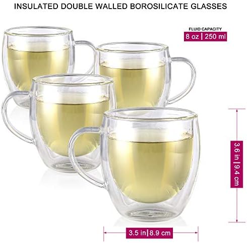 Teabloom Double Walled Cups – 8 oz / 250 ml – Set of 4 Insulated Glass Cups for Tea, Coffee, Espresso, and More – Clarity Glasses