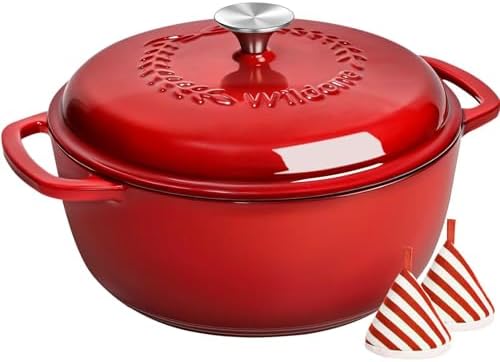 Enameled Cast Iron Dutch Oven - Wildone 6QT Pot with Lid & Cotton Potholders - Oven Safe Enamel Cookware for Bread Baking, Braising, Stews, Roasting, Red