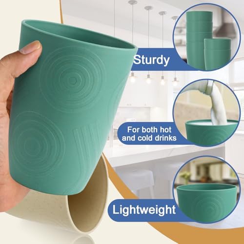 16 OZ Drinking Cups, Wheat Straw Cups Set of 6 - Reusable Water Cups, Unbreakable Plastic Drinking Glasses, Dishwasher Safe Tumbler Cups for Kitchen, Camping, RV -Green
