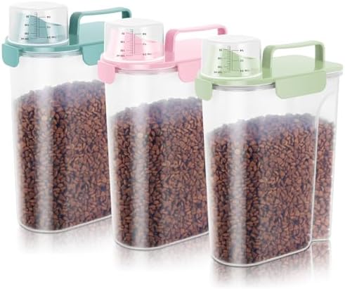 10-20Lbs Portable Cat Dog Food Storage Container with Upgraded Large Spout and Cup Dispenser for Small Large Animal Kibble, Pet Bird Snack, Oatmeal, Rice, Flour, Brown Sugart-3 Pack Pink Blue Green