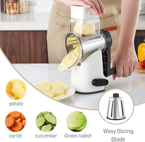 Weltonhm 4 in 1 Large Cheese Grater Hand Crank Rotary (White 4 Graters)