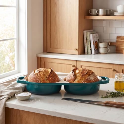 EDGING CASTING Enameled Cast Iron Double Bread Dutch Oven, Darkcyan