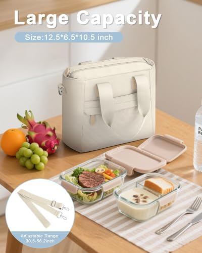 Capolo Lunch Bag for Women,Large Insulated Lunchbox Tote Reusable,L-White