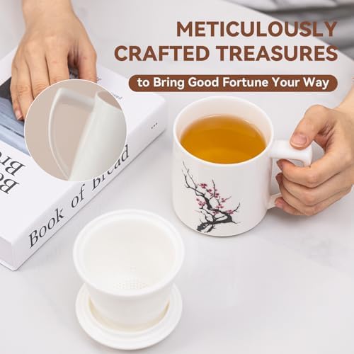 Ceramic Tea Mug with Infuser & Lid - 14oz Loose Leaf Tea Cup with Infuser,Hand-Painted Plum Blossom - Resilience & Elegance,Insulated Ceramic Coffee Mugs with Lid, Gift Set for Women/Men