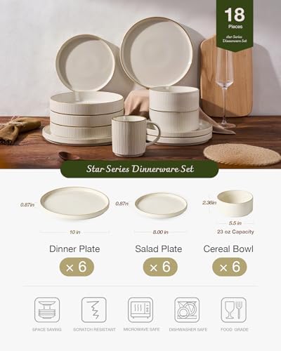 Famiware Star Plates & Bowls Sets with Rim, 18pc Stoneware Dinnerware for 6